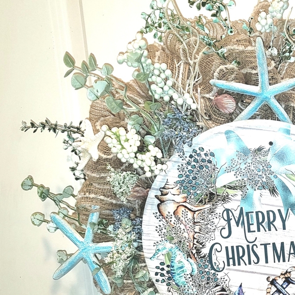 Coastal Christmas Wreath Starfish Deco Mesh Beach - Picture 4 of 6